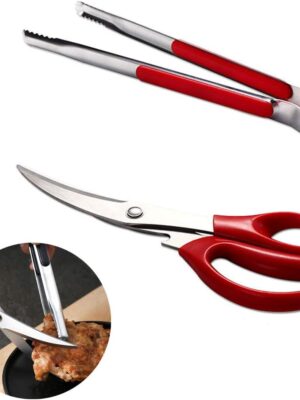 Korean Barbecue Scissors And Tongs Set, Bbq Scissors Bbq Tongs, Stainless Steel Ergonomic Sharp Shears And Clips For Kitchen, Cooking Clips,Pizza Shears For Easy Use (Red)