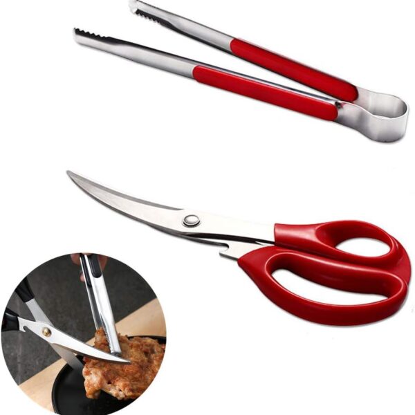 Korean Barbecue Scissors And Tongs Set, Bbq Scissors Bbq Tongs, Stainless Steel Ergonomic Sharp Shears And Clips For Kitchen, Cooking Clips,Pizza Shears For Easy Use (Red)