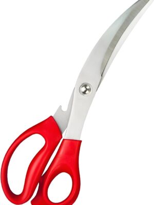 Stainless Steel Barbecue Scissors Curved Blade Scissors Korean Style 3CR13 Steel with Serrated Design and Double Injection Handle Kitchen Gadgets for Grilling and BBQ Kitchen Aid (RED)