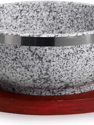 Dolsot Bibimbap Bowl 32 Oz, Granite Stone Bowl with Wood Base, Dolsot Pot for Korean Soup, Rice and Stew