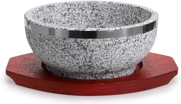 Dolsot Bibimbap Bowl 32 Oz, Granite Stone Bowl with Wood Base, Dolsot Pot for Korean Soup, Rice and Stew