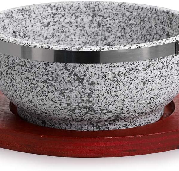 Dolsot Bibimbap Bowl 32 Oz, Granite Stone Bowl with Wood Base, Dolsot Pot for Korean Soup, Rice and Stew
