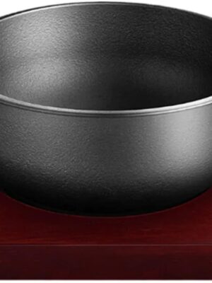 Cast Iron Dolsot Bibimbap Bowl with Wooden Base, 31 oz Korean Sizzling Rice Bowl, Heat-Retaining Hot Pot Bowl for Soup, Rice, Stew and Korean Cooking