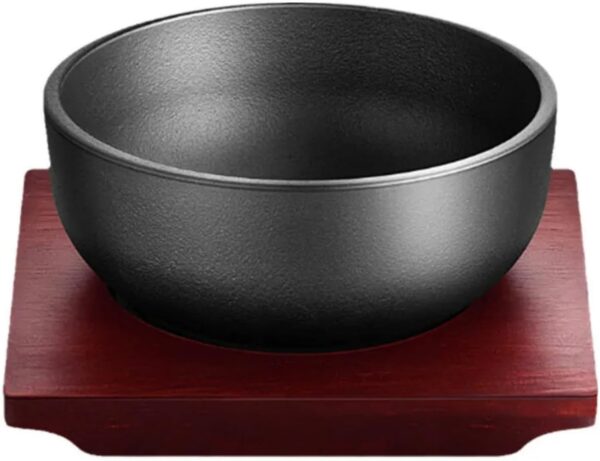 Cast Iron Dolsot Bibimbap Bowl with Wooden Base, 31 oz Korean Sizzling Rice Bowl, Heat-Retaining Hot Pot Bowl for Soup, Rice, Stew and Korean Cooking