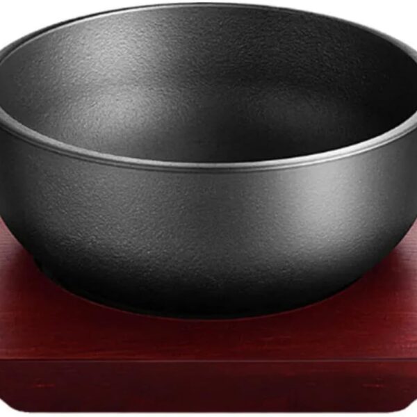 Cast Iron Dolsot Bibimbap Bowl with Wooden Base, 31 oz Korean Sizzling Rice Bowl, Heat-Retaining Hot Pot Bowl for Soup, Rice, Stew and Korean Cooking