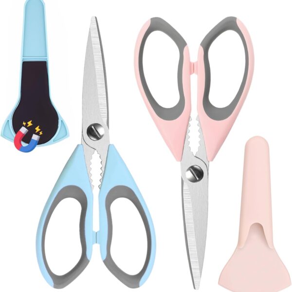 2 Pack Kitchen Heavy Duty Scissors with Magnetic Holder,Dishwasher Safe Shears for BBQ,Kitchen,Stainless Steel Scissor All Purpose,(Blue,Pink)