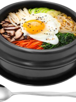 Korean Stone Pot Set with Tray and Stainless Steel Spoon, Ceramic Bowl for Bibimbap and Soup, No Lid (1100 ML (37 OZ))