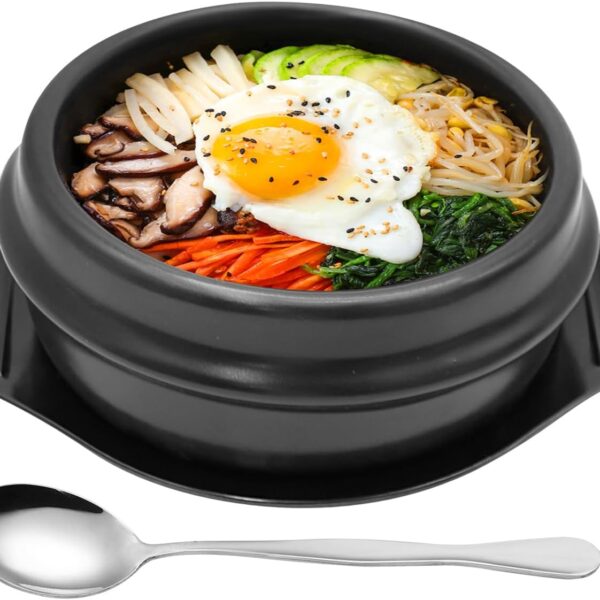 Korean Stone Pot Set with Tray and Stainless Steel Spoon, Ceramic Bowl for Bibimbap and Soup, No Lid (1100 ML (37 OZ))