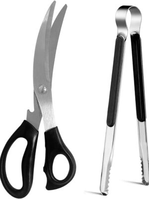 Kitchen Scissors, Korean Barbecue Scissors and Tongs Set,Kitchen Sheras for Meat Cutting, Chicken, Vegetables,Stainless Steel Non-slip Serrated Sharp BBQ Multipurpose Kitchen Sheras Tongs