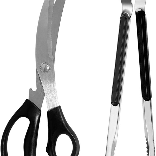Kitchen Scissors, Korean Barbecue Scissors and Tongs Set,Kitchen Sheras for Meat Cutting, Chicken, Vegetables,Stainless Steel Non-slip Serrated Sharp BBQ Multipurpose Kitchen Sheras Tongs