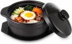 Large Korean Korean Stone Pot with Lid & Platter, 60 oz Deep Ceramic Casserole Pot, Sizzling Hot Bowl, Black Clay Cookware for Soup, Stew, Risotto, Bibimbap