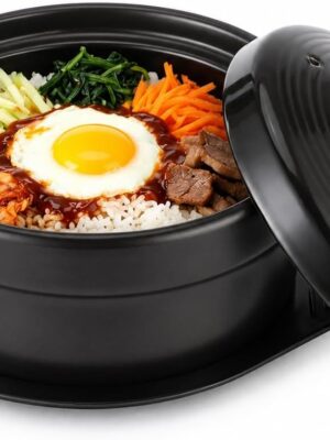 Large Korean Korean Stone Pot with Lid & Platter, 60 oz Deep Ceramic Casserole Pot, Sizzling Hot Bowl, Black Clay Cookware for Soup, Stew, Risotto, Bibimbap