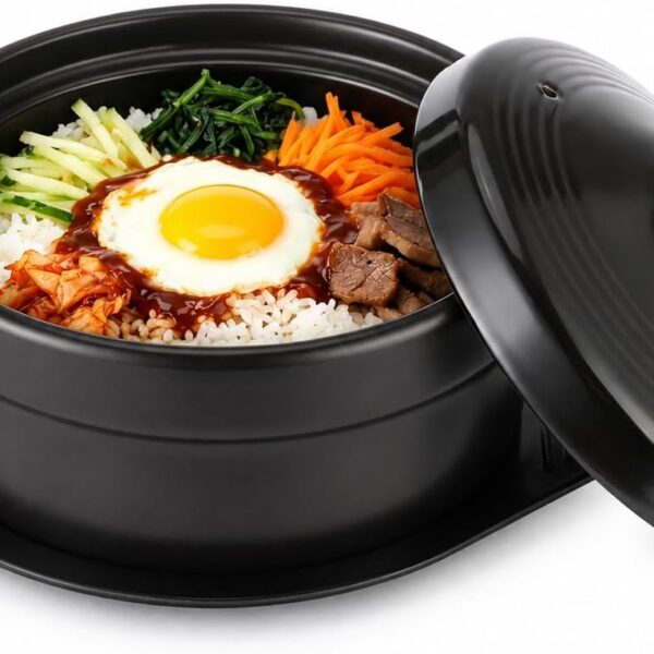 Large Korean Korean Stone Pot with Lid & Platter, 60 oz Deep Ceramic Casserole Pot, Sizzling Hot Bowl, Black Clay Cookware for Soup, Stew, Risotto, Bibimbap