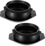 2 Pcs Korean Stone Pot Clay Cooking Pots with Tray Set 38 oz Ceramic Sizzling Hot Pot Bowl Korean Bibimbap Soup Dolsot Bowl for Ttukbaegi and Koreans Stew Rice Noodle (Without Lid)