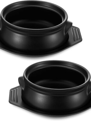 2 Pcs Korean Stone Pot Clay Cooking Pots with Tray Set 38 oz Ceramic Sizzling Hot Pot Bowl Korean Bibimbap Soup Dolsot Bowl for Ttukbaegi and Koreans Stew Rice Noodle (Without Lid)