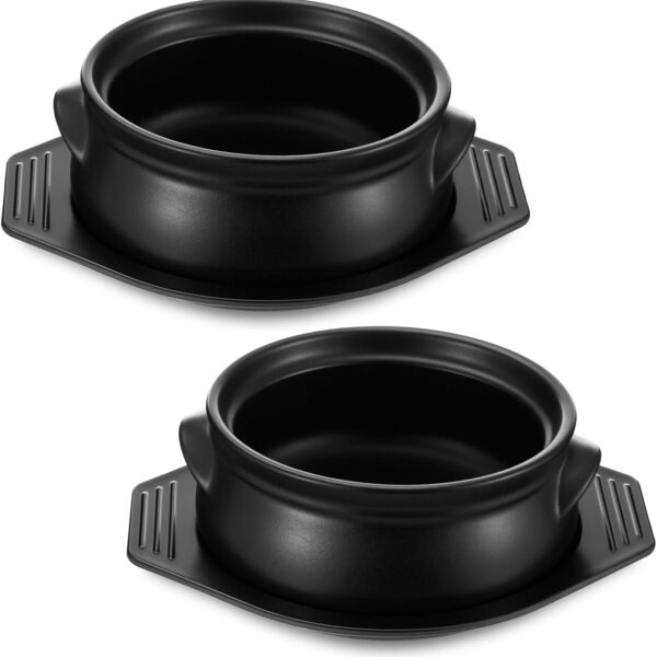 2 Pcs Korean Stone Pot Clay Cooking Pots with Tray Set 38 oz Ceramic Sizzling Hot Pot Bowl Korean Bibimbap Soup Dolsot Bowl for Ttukbaegi and Koreans Stew Rice Noodle (Without Lid)