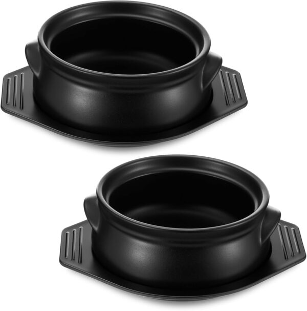 2 Pcs Korean Stone Pot Clay Cooking Pots with Tray Set 38 oz Ceramic Sizzling Hot Pot Bowl Korean Bibimbap Soup Dolsot Bowl for Ttukbaegi and Koreans Stew Rice Noodle (Without Lid)