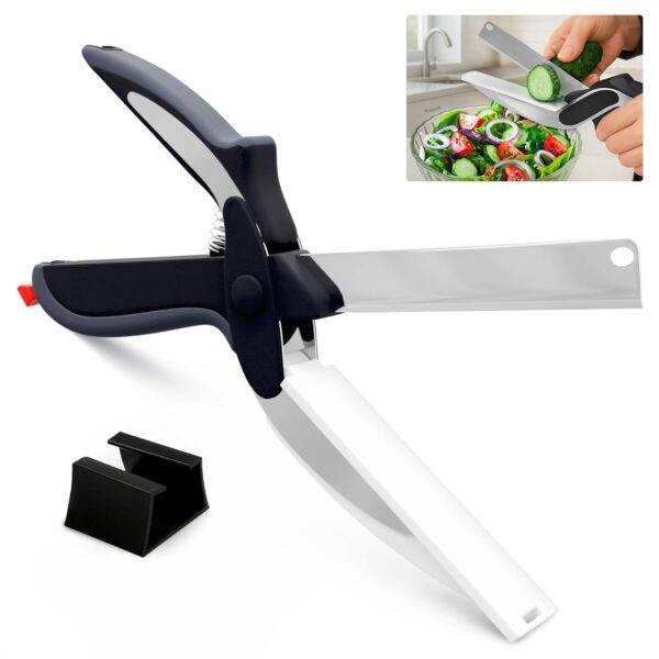 2 in 1 Kitchen Scissors for Food – Stainless Steel 9.5" Tomato Knife Chops Vegetables, Fruit, Cheese, Meat in Seconds | Dishwasher Safe Cutting Board Scissors with Safety Lock – Kitchen Gift for Dad