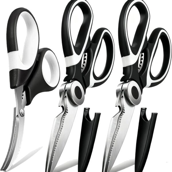 3 Pack Kitchen Scissors & Seafood Scissors Set, Sharp Kitchen Shears | All Purpose Stainless Steel Heavy Duty for Poultry Food Dishwasher Safe with Protective Sheath Comfort-Grip