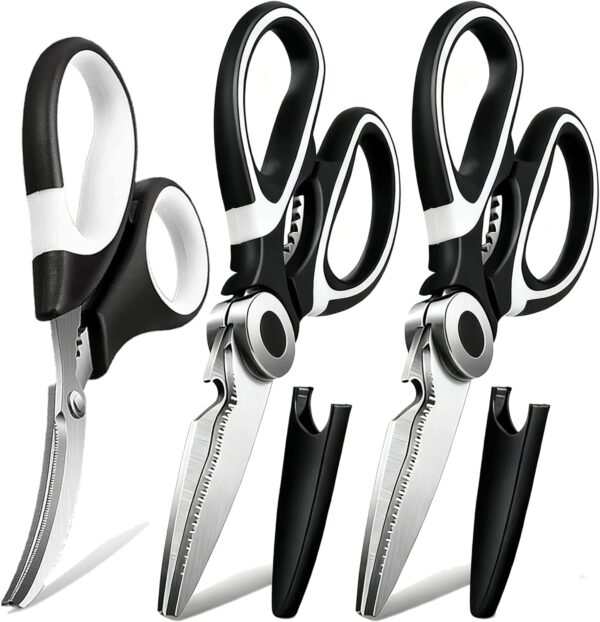 3 Pack Kitchen Scissors & Seafood Scissors Set, Sharp Kitchen Shears | All Purpose Stainless Steel Heavy Duty for Poultry Food Dishwasher Safe with Protective Sheath Comfort-Grip