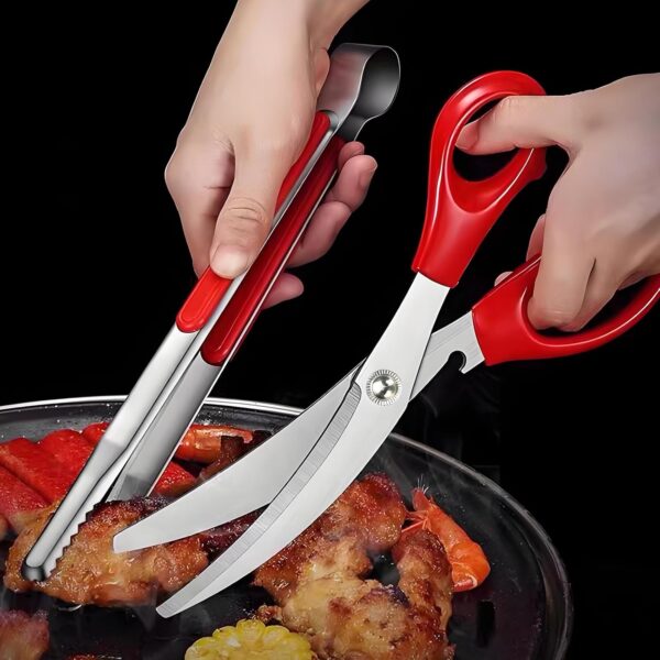 Stainless Steel Barbecue Scissors Curved Blade Scissors Korean Style 3CR13 Steel with Serrated Design and Double Injection Handle Kitchen Gadgets for Grilling and BBQ Kitchen Aid (RED)