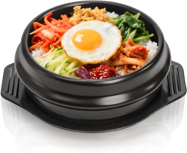 Korean Stone Bowl, Ceramic Korean Cooking Stone Pot Set with Tray, 37 Oz Dolsot Bibimbap Sizzling Hot Pot Soup Cookware for Korean Restaurants, Rice, Soup, Noodle