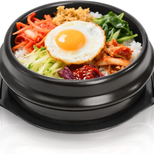Korean Stone Bowl, Ceramic Korean Cooking Stone Pot Set with Tray, 37 Oz Dolsot Bibimbap Sizzling Hot Pot Soup Cookware for Korean Restaurants, Rice, Soup, Noodle