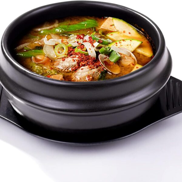 Korean Stone Bowl with Tray - Premium Ceramic Stone Hot Pot for Bibimbap Soup, Stews, and Rice - 37.1 oz Capacity - Dishwasher, Microwave, Oven, and Stovetop Safe