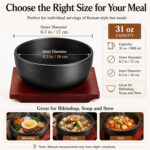 Cast Iron Dolsot Bibimbap Bowl with Wooden Base, 31 oz Korean Sizzling Rice Bowl, Heat-Retaining Hot Pot Bowl for Soup, Rice, Stew and Korean Cooking