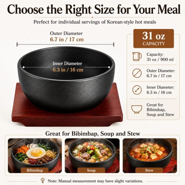 Cast Iron Dolsot Bibimbap Bowl with Wooden Base, 31 oz Korean Sizzling Rice Bowl, Heat-Retaining Hot Pot Bowl for Soup, Rice, Stew and Korean Cooking