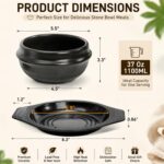 Korean Stone Bowl, Ceramic Korean Cooking Stone Pot Set with Tray, 37 Oz Dolsot Bibimbap Sizzling Hot Pot Soup Cookware for Korean Restaurants, Rice, Soup, Noodle