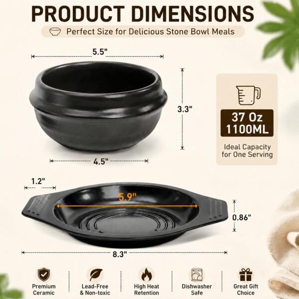 Korean Stone Bowl, Ceramic Korean Cooking Stone Pot Set with Tray, 37 Oz Dolsot Bibimbap Sizzling Hot Pot Soup Cookware for Korean Restaurants, Rice, Soup, Noodle