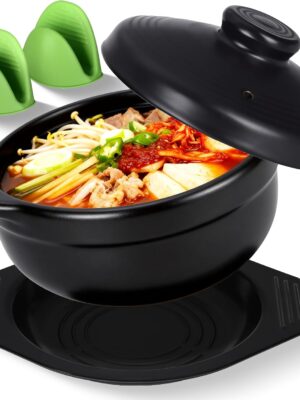Korean Stone Bowl (Dolsot) – Ttukbaegi Pot with Lid, Bibimbap Bowl, 37 oz Earthenware Hot Pot for Steamed Eggs, Rice, Bibimbap, Ramen & Soup – Complete with Heat-Resistant Silicone Mitts