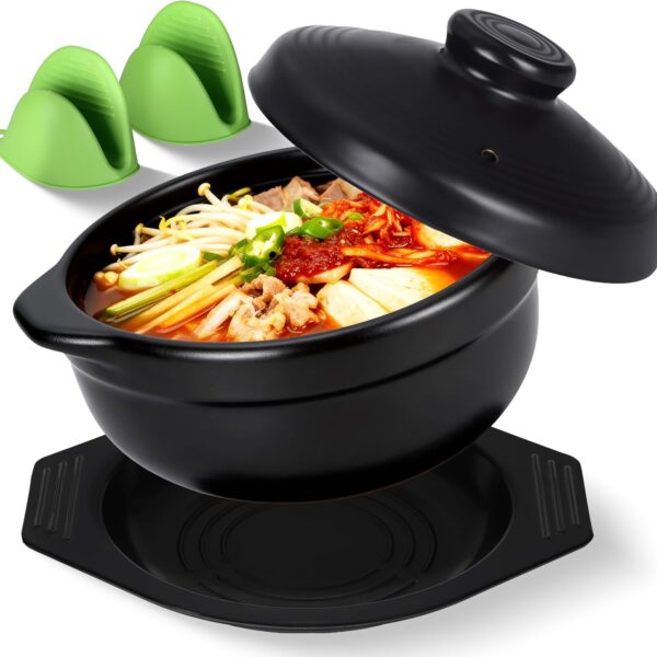 Korean Stone Bowl (Dolsot) – Ttukbaegi Pot with Lid, Bibimbap Bowl, 37 oz Earthenware Hot Pot for Steamed Eggs, Rice, Bibimbap, Ramen & Soup – Complete with Heat-Resistant Silicone Mitts