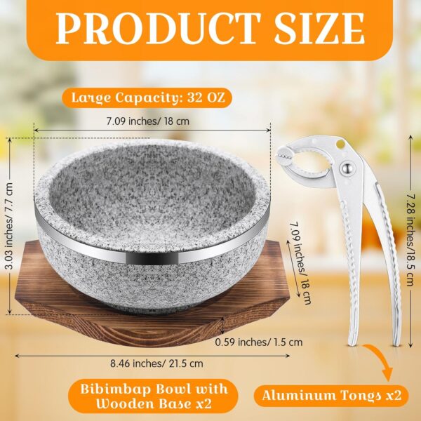 2 Set Dolsot Bibimbap Stone Bowl with Wood Base and Aluminum Tongs Dolsot Pot Stone Bowls Sizzling Hot Pot for Korean Restaurants, Soup, Rice, Stew(32 oz)