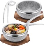 2 Set Dolsot Bibimbap Stone Bowl with Wood Base and Aluminum Tongs Dolsot Pot Stone Bowls Sizzling Hot Pot for Korean Restaurants, Soup, Rice, Stew(32 oz)