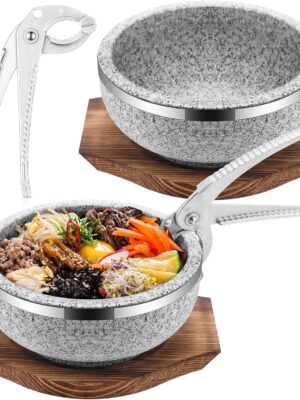2 Set Dolsot Bibimbap Stone Bowl with Wood Base and Aluminum Tongs Dolsot Pot Stone Bowls Sizzling Hot Pot for Korean Restaurants, Soup, Rice, Stew(32 oz)