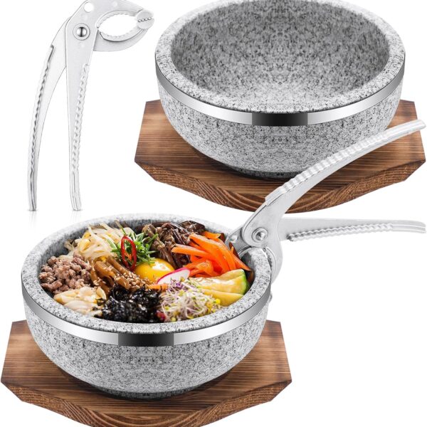 2 Set Dolsot Bibimbap Stone Bowl with Wood Base and Aluminum Tongs Dolsot Pot Stone Bowls Sizzling Hot Pot for Korean Restaurants, Soup, Rice, Stew(32 oz)