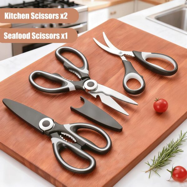 3 Pack Kitchen Scissors & Seafood Scissors Set, Sharp Kitchen Shears | All Purpose Stainless Steel Heavy Duty for Poultry Food Dishwasher Safe with Protective Sheath Comfort-Grip